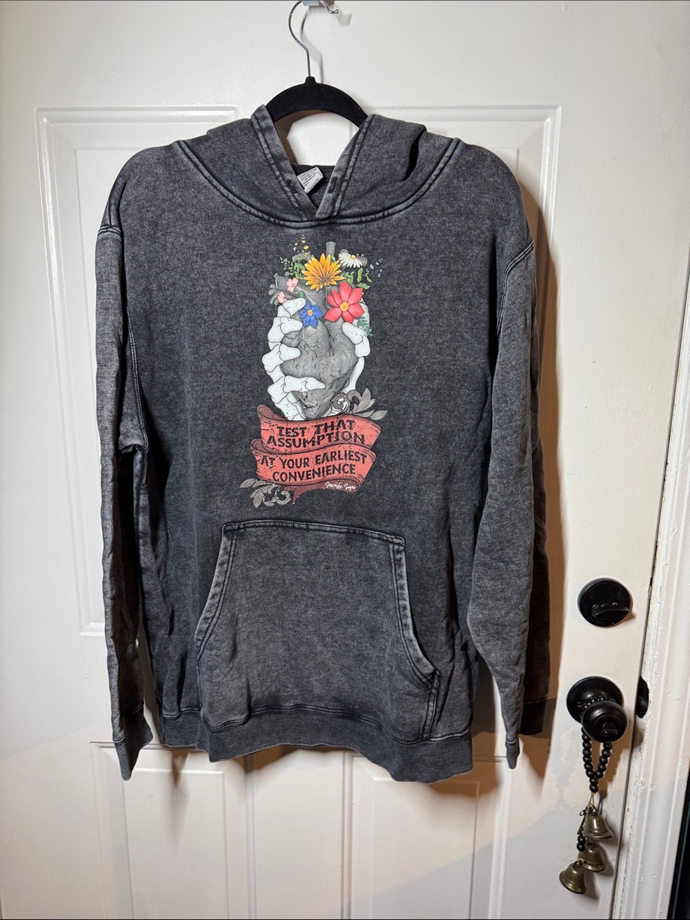 Washed Charcoal Graphic Hoodie with Floral Skull Design